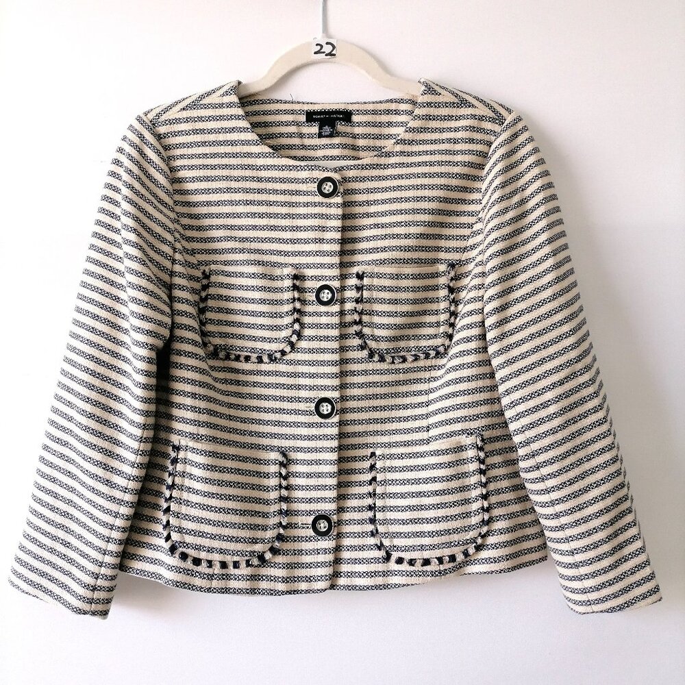 Tommy Hilfiger Womens Blue 3/4 Sleeve Patch Packet Striped Blazer Jacket Size 6